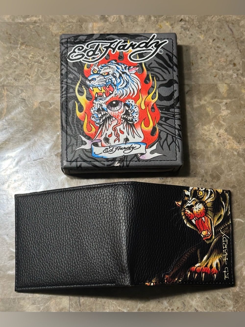 Ed Hardy Black Leather Bi-Fold Wallet with Tiger Graphic